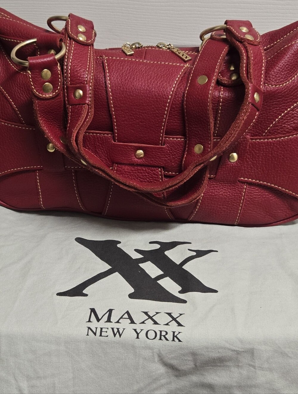 Extra Large MAXX New York Burgundy Red Leather Shoulder Tote with Brass Accents